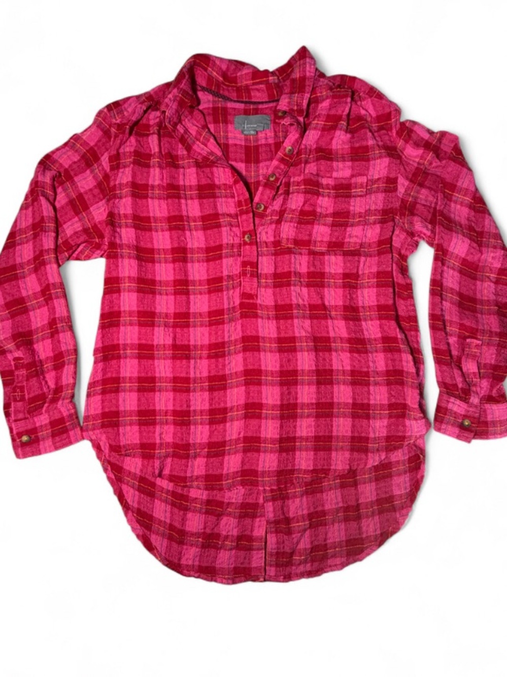 Anthropologie Isadora Plaid Flannel Tunic M Pink Red Button Back Oversized - Picture 4 of 6